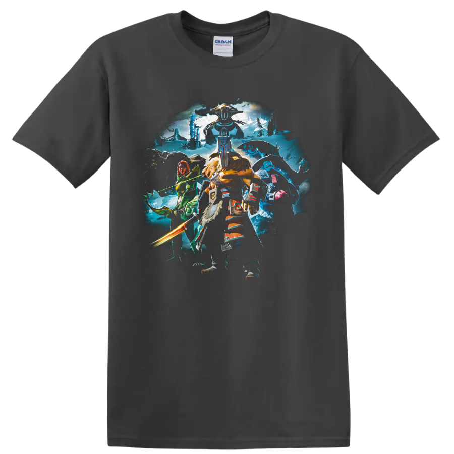 Dota 2 Juggernaut fantasy battle art with masked warrior, glowing sword, and heroes on a Charcoal T Shirt