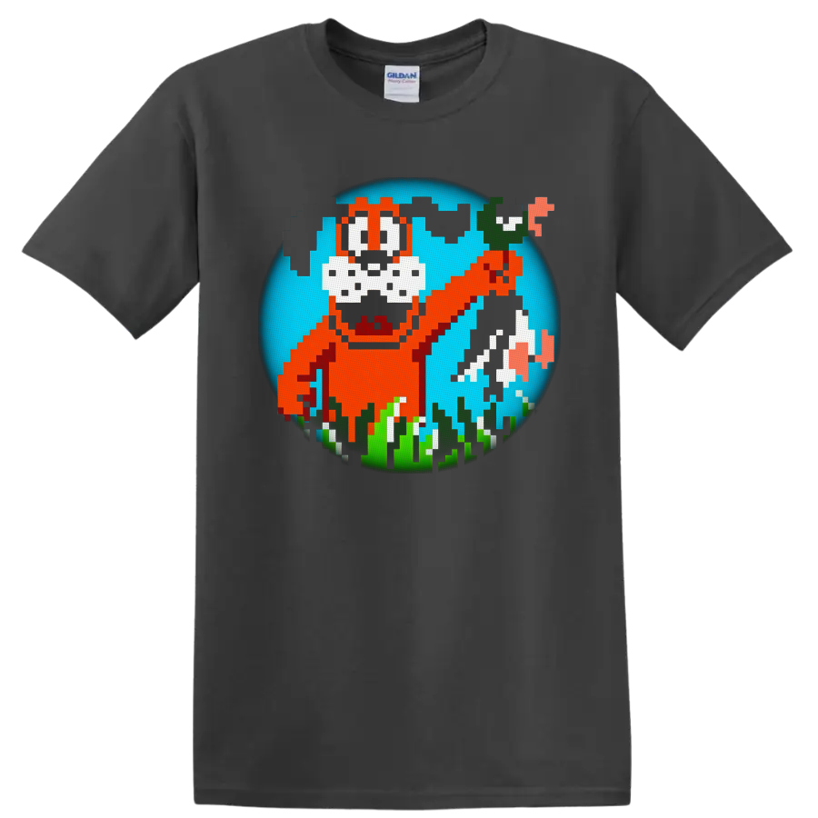 Duck Hunt pixel dog with flying ducks, grass, and retro 8-bit game art on a Charcoal T Shirt