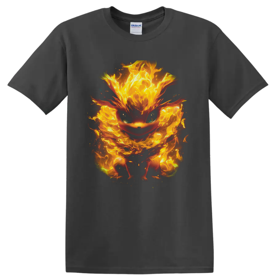 Eevee surrounded by glowing orange and yellow flames in a dramatic fantasy art style on a Charcoal T Shirt