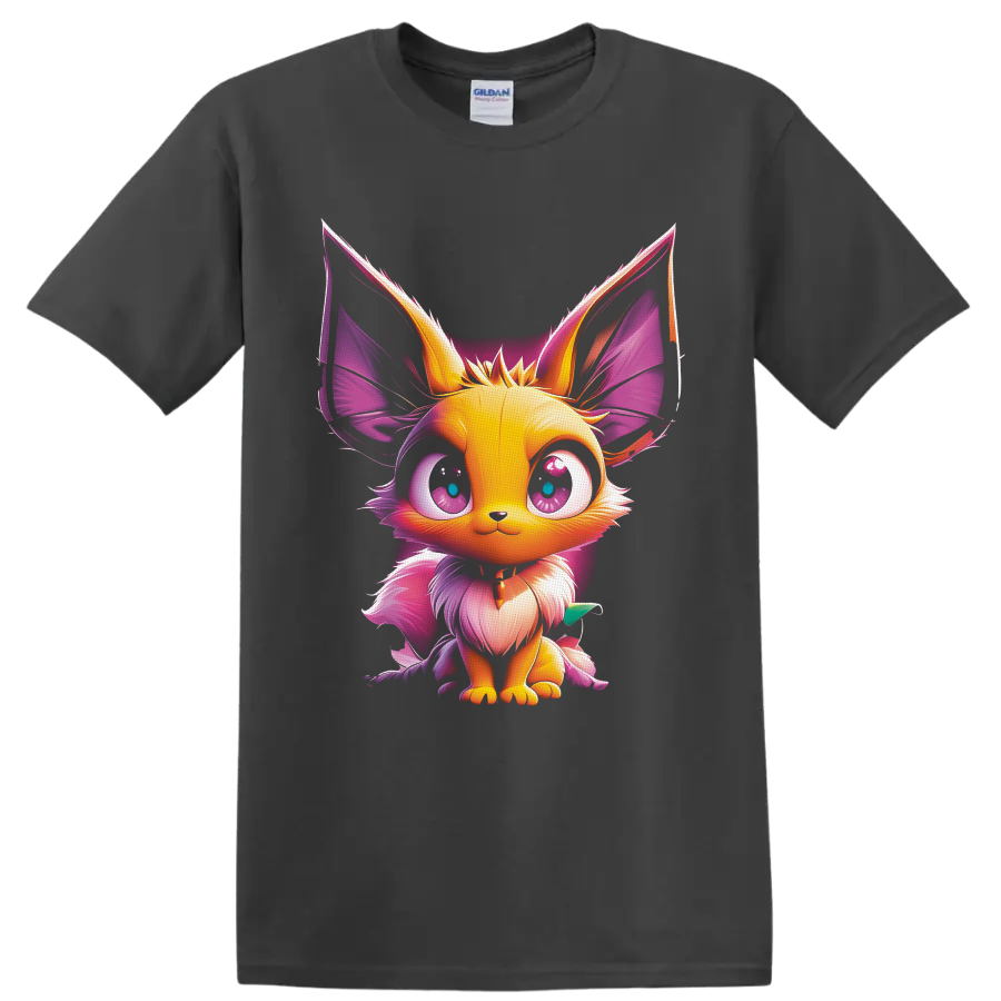 Pokémon Eevee fantasy fox character with glowing pink and purple digital art on a Charcoal T Shirt