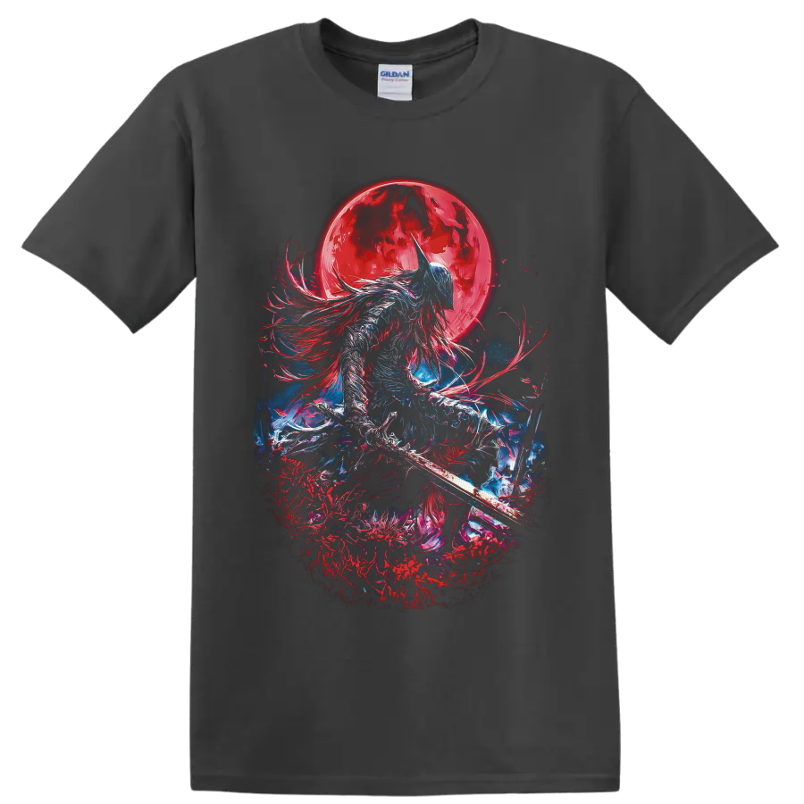 Moon Knight-inspired armored warrior with sword beneath a crimson moon in dark fantasy art on a Charcoal T Shirt