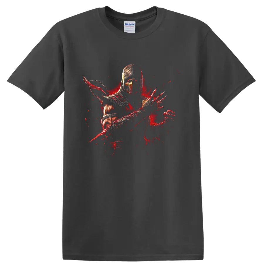 Ermac hooded armored warrior with blade and red energy splatter artwork on a Charcoal T Shirt
