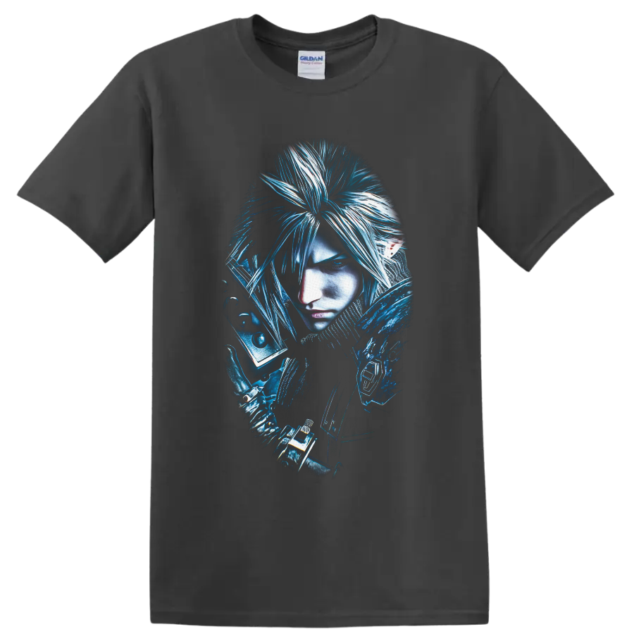 Cloud Strife blue fantasy warrior portrait with sword hilt and armored shoulder on a Charcoal T Shirt