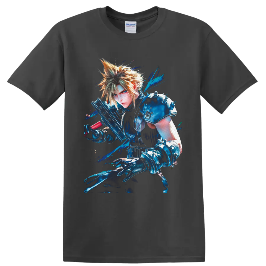 Cloud Strife with Buster Sword in vivid blue Final Fantasy VII warrior art on a Charcoal T Shirt