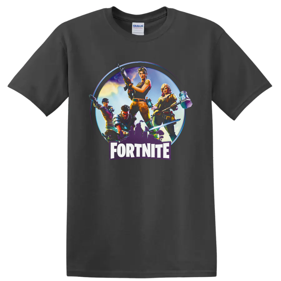 Fortnite squad action characters with gear, glowing city backdrop, and bold logo on a Charcoal T Shirt
