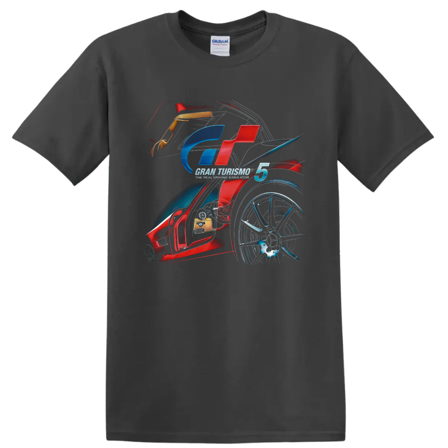 Gran Turismo 5 racing emblem with sports car cockpit, alloy wheel, and motion art on a Charcoal T Shirt