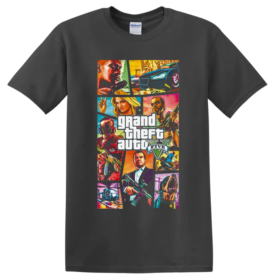Grand Theft Auto V neon character collage with cars, helicopter, city scenes, and logo on a Charcoal T Shirt