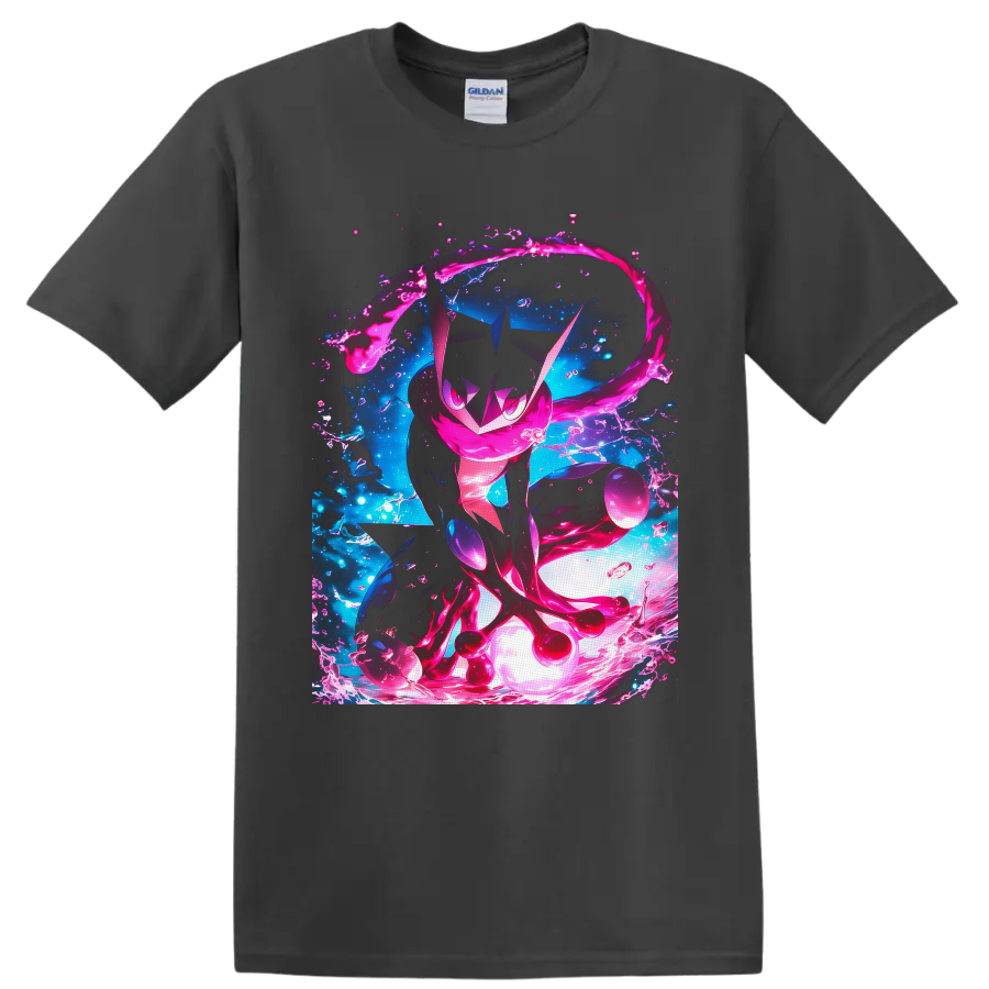 Greninja in neon pink water splashes with electric blue anime-style background on a Charcoal T Shirt