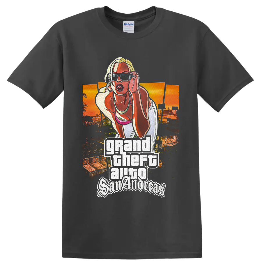 Grand Theft Auto San Andreas blonde woman sunset city poster graphic on a Charcoal T Shirt
