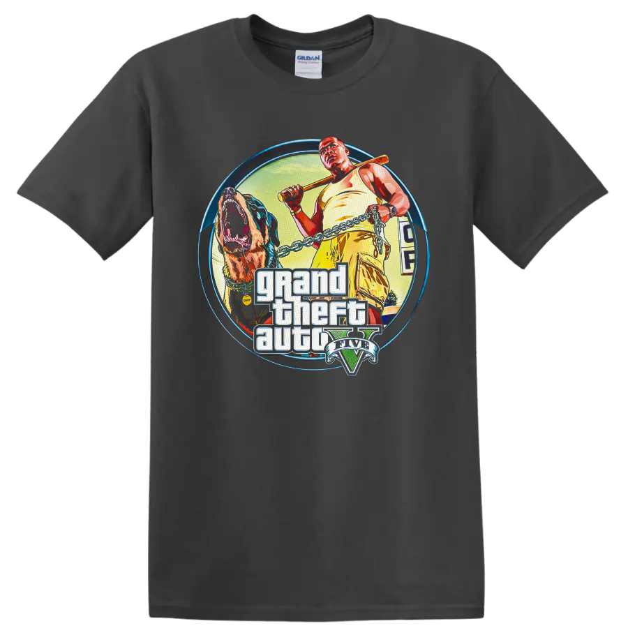 Grand Theft Auto V Franklin Clinton and Chop illustrated graphic with V emblem on a Charcoal T Shirt