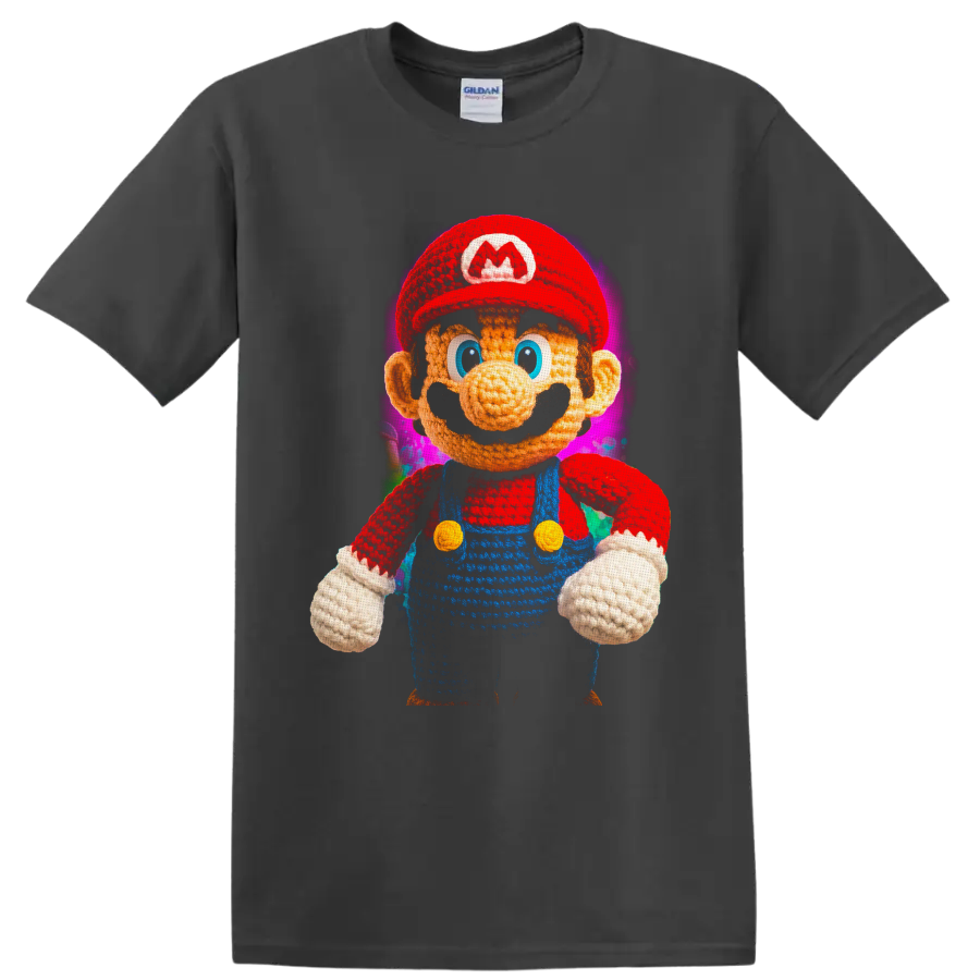 Knitted-style Mario character with colorful abstract background on a Charcoal T Shirt