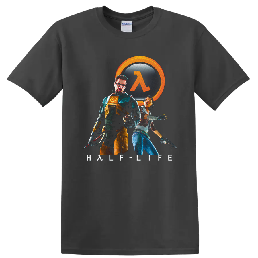Gordon Freeman and Alyx Vance Half-Life 2 art with orange lambda emblem on a Charcoal T Shirt