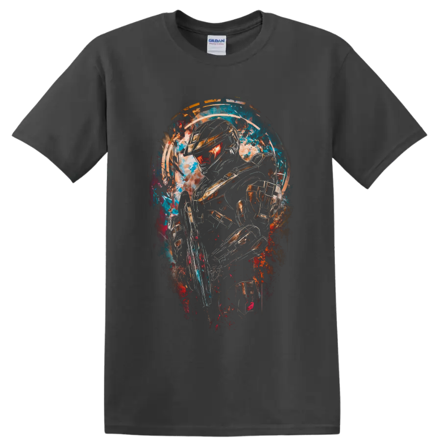 Master Chief Halo Spartan warrior in neon paint-splash armor artwork on a Charcoal T Shirt