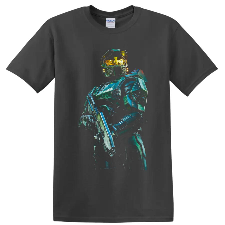 Master Chief in teal-green futuristic armor with gold visor and sci-fi rifle on a Charcoal T Shirt