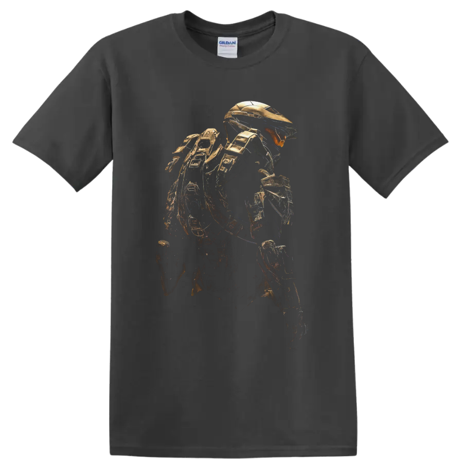 Halo Elite Warrior in detailed gold armor, crouched in a sci-fi gaming art pose on a Charcoal T Shirt