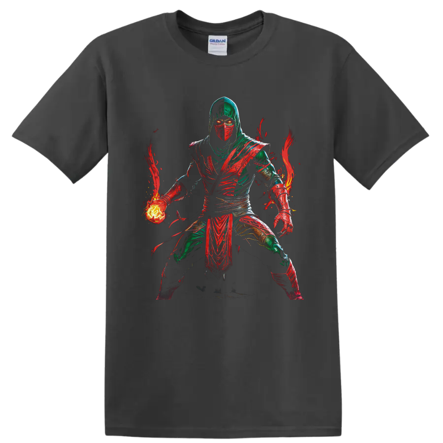 Ermac Mortal Kombat masked warrior with glowing fireball and red flame artwork on a Charcoal T Shirt
