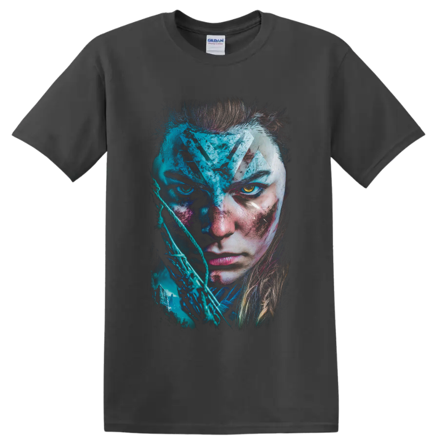 Aloy Horizon Zero Dawn cyber tribal portrait with bow and teal wilderness art on a Charcoal T Shirt