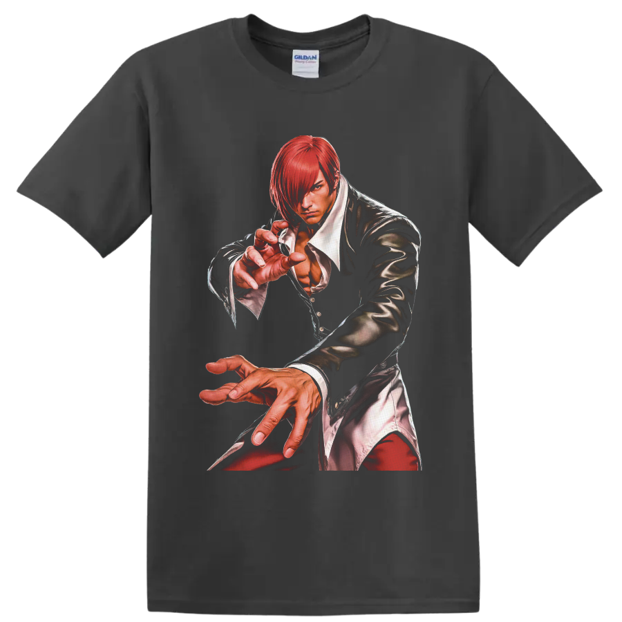 Iori Yagami red-haired fighter illustration from The King of Fighters on a Charcoal T Shirt