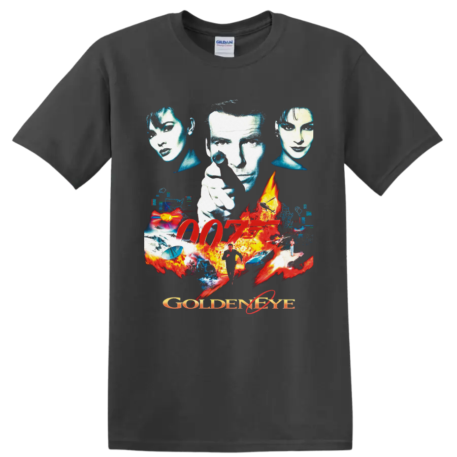 James Bond GoldenEye 007 retro spy collage with 007 logo, flames, cars and weapons on a Charcoal T Shirt
