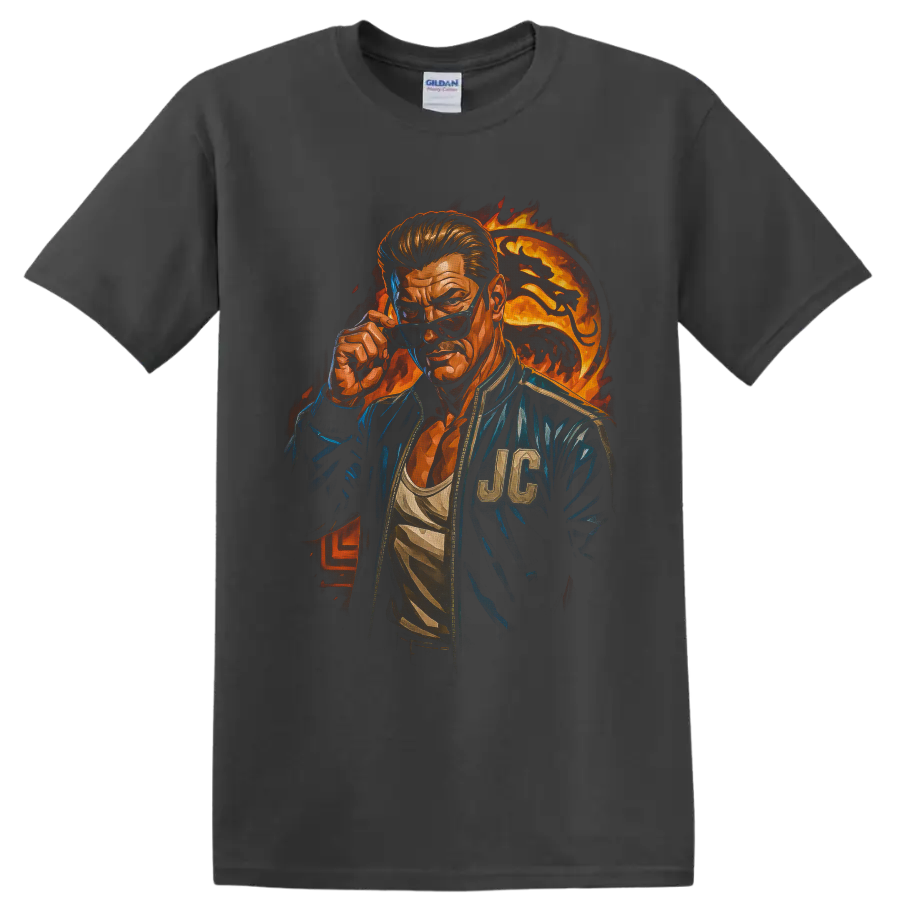 Johnny Cage fiery portrait with sunglasses, blue jacket, and flame backdrop on a Charcoal T Shirt