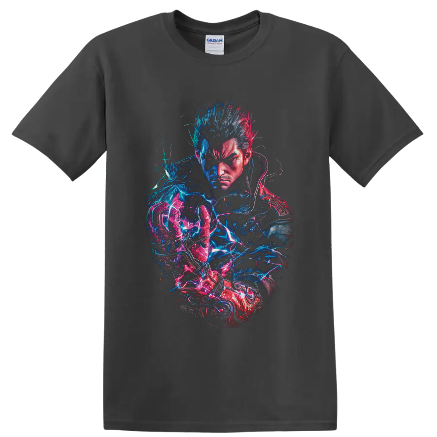 Kazuya Mishima neon electric fighter portrait in blue and pink cyberpunk art on a Charcoal T Shirt