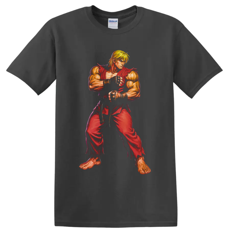 Ken Street Fighter in red gi, detailed retro arcade martial arts fighter artwork on a Charcoal T Shirt