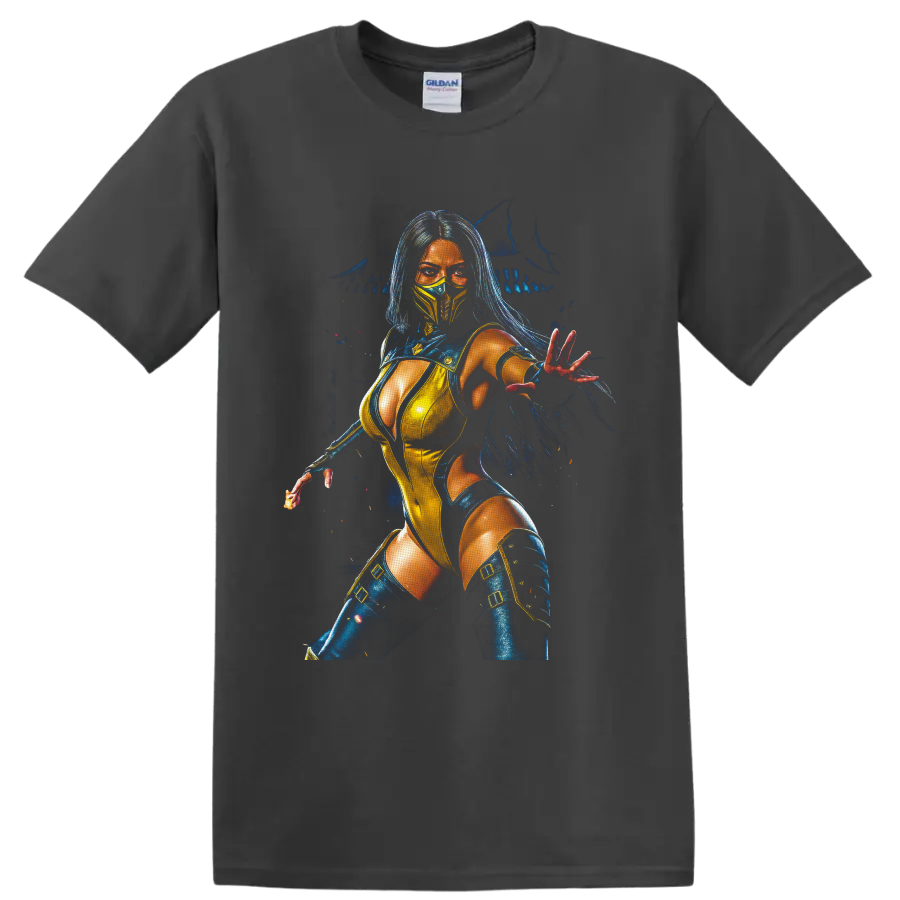 Kitana in blue and gold mask with glowing fantasy warrior portrait on a Charcoal T Shirt
