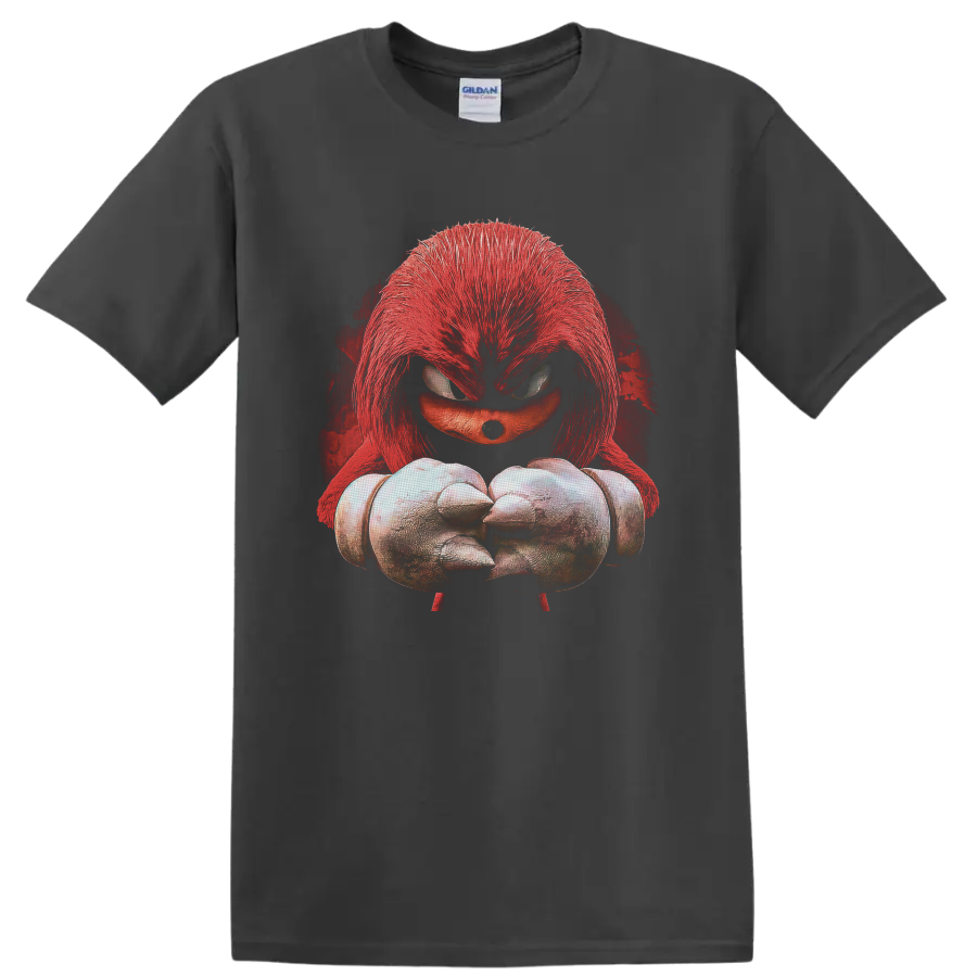 Knuckles horror portrait with red quills, spiked fists, and distressed crimson backdrop on a Charcoal T Shirt