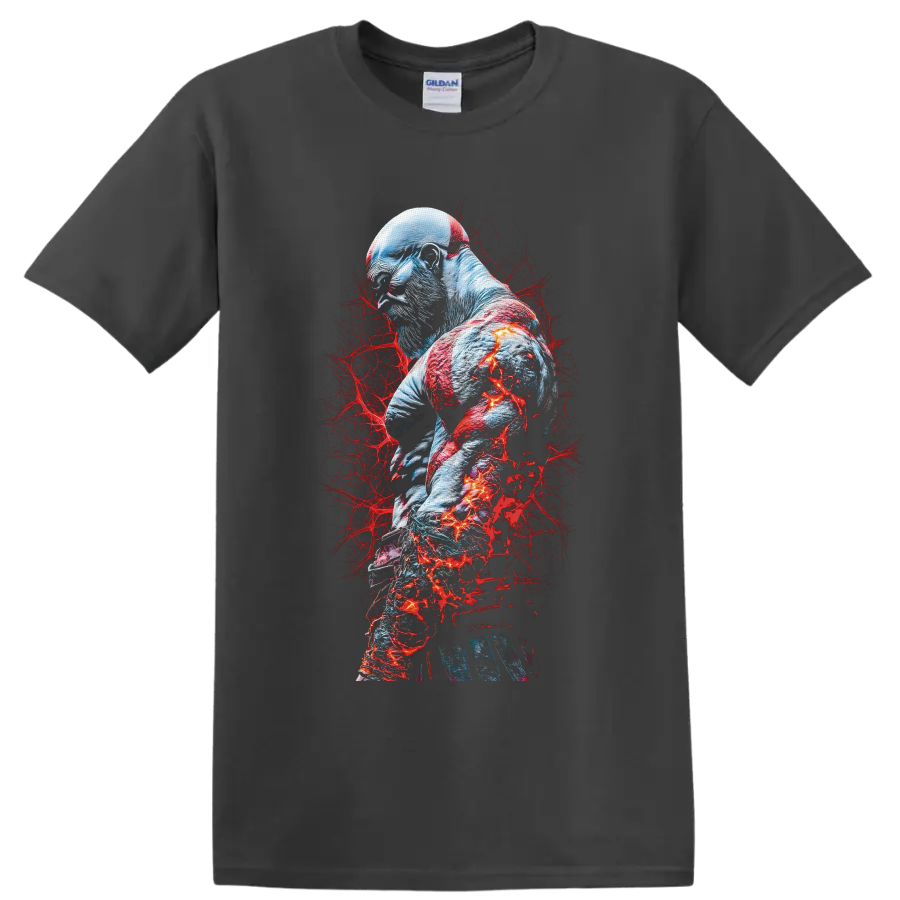 Kratos God of War warrior portrait with red markings and fiery blue-gray battle art on a Charcoal T Shirt