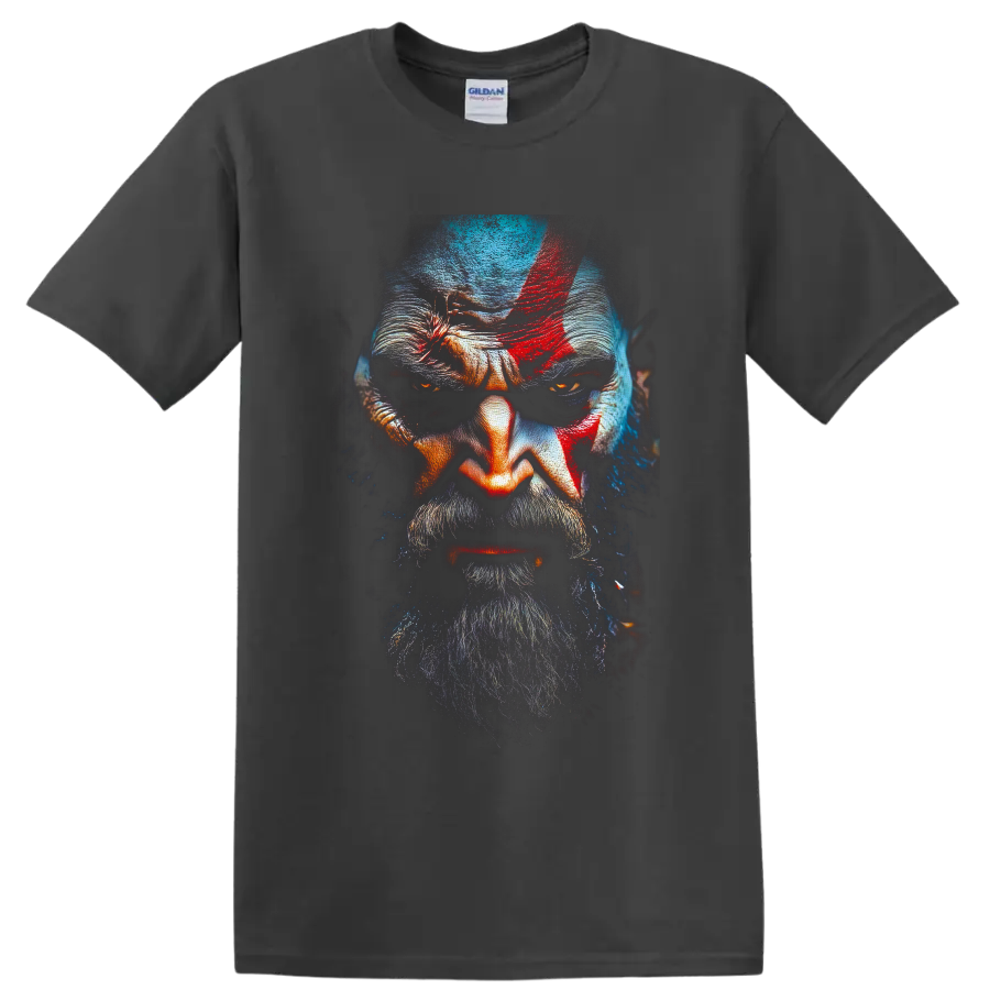 Kratos God of War close-up portrait with red mark, beard, and dark painted lighting on a Charcoal T Shirt