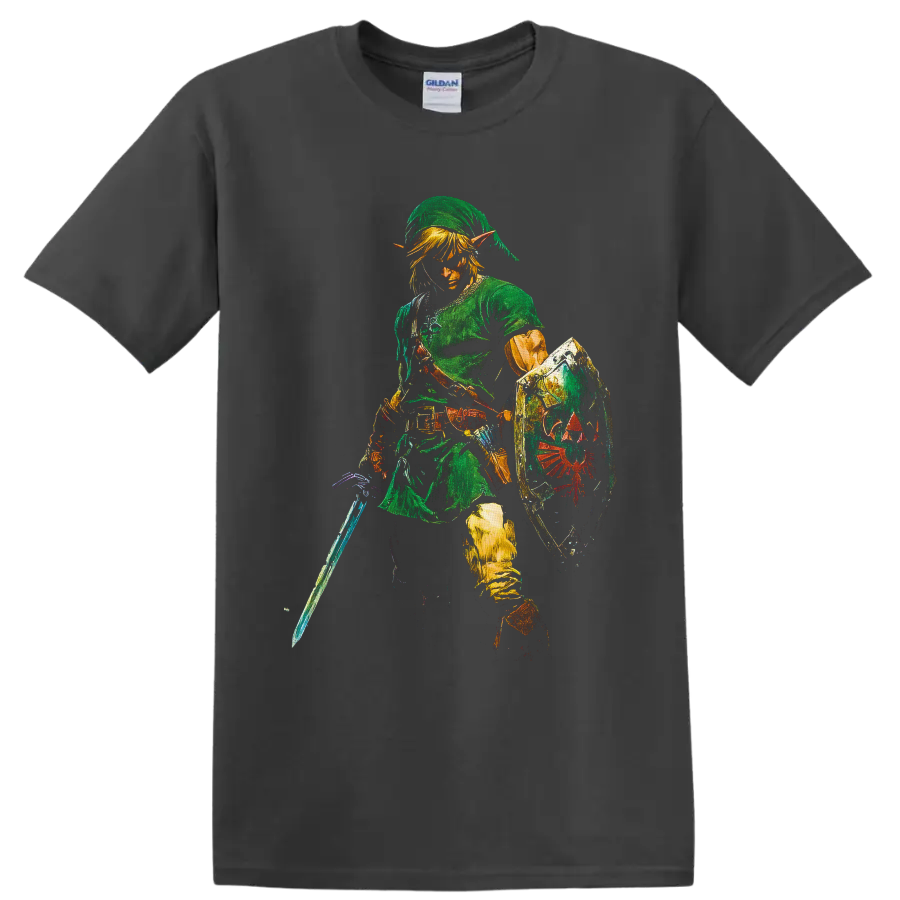 Link in green tunic with sword and crest shield, textured fantasy game art on a Charcoal T Shirt