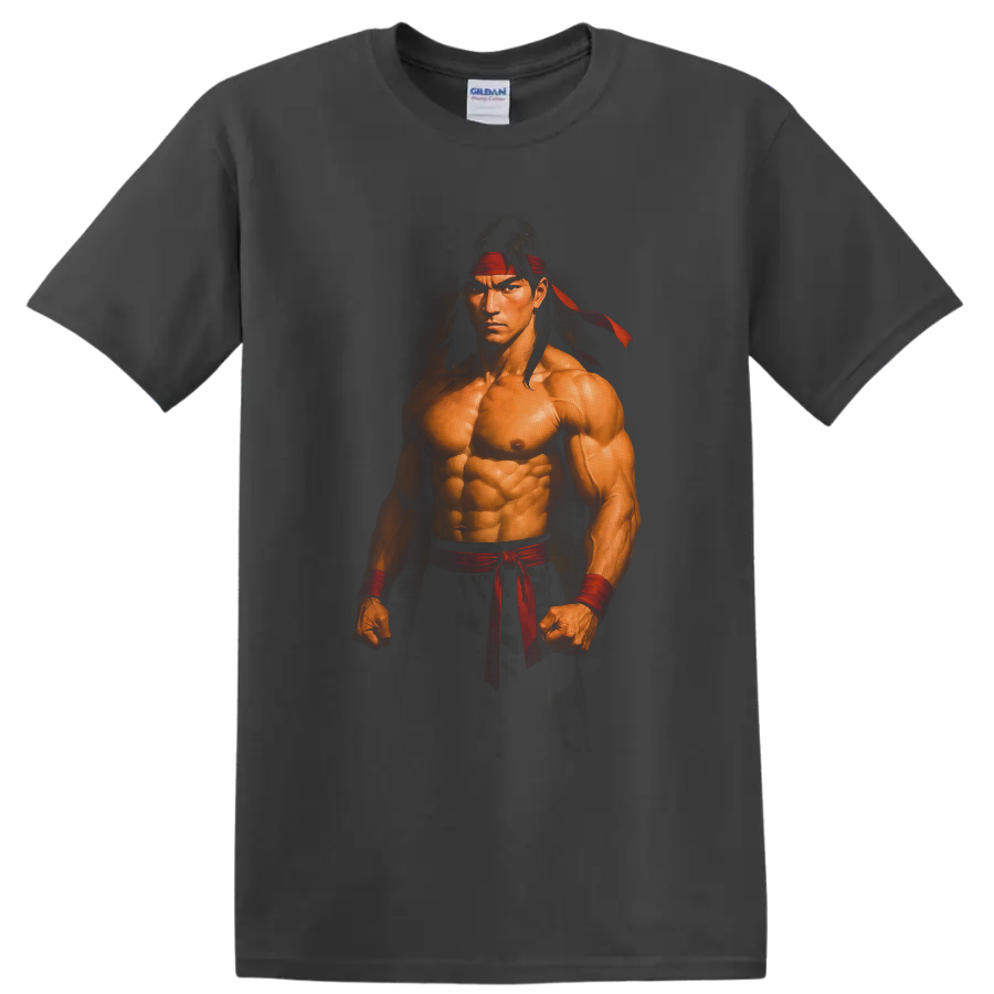 Liu Kang Mortal Kombat martial arts portrait with red headband and wrist wraps on a Charcoal T Shirt