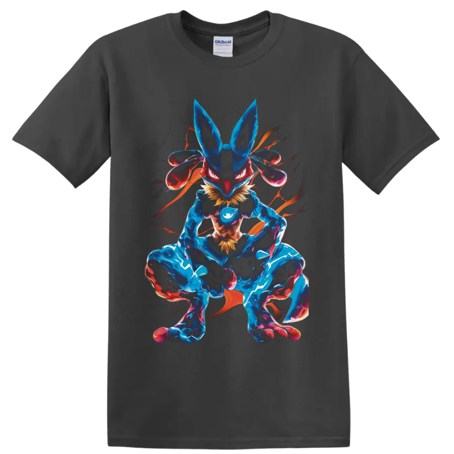 Lucario crouched in neon blue and magenta aura fighter artwork on a Charcoal T Shirt