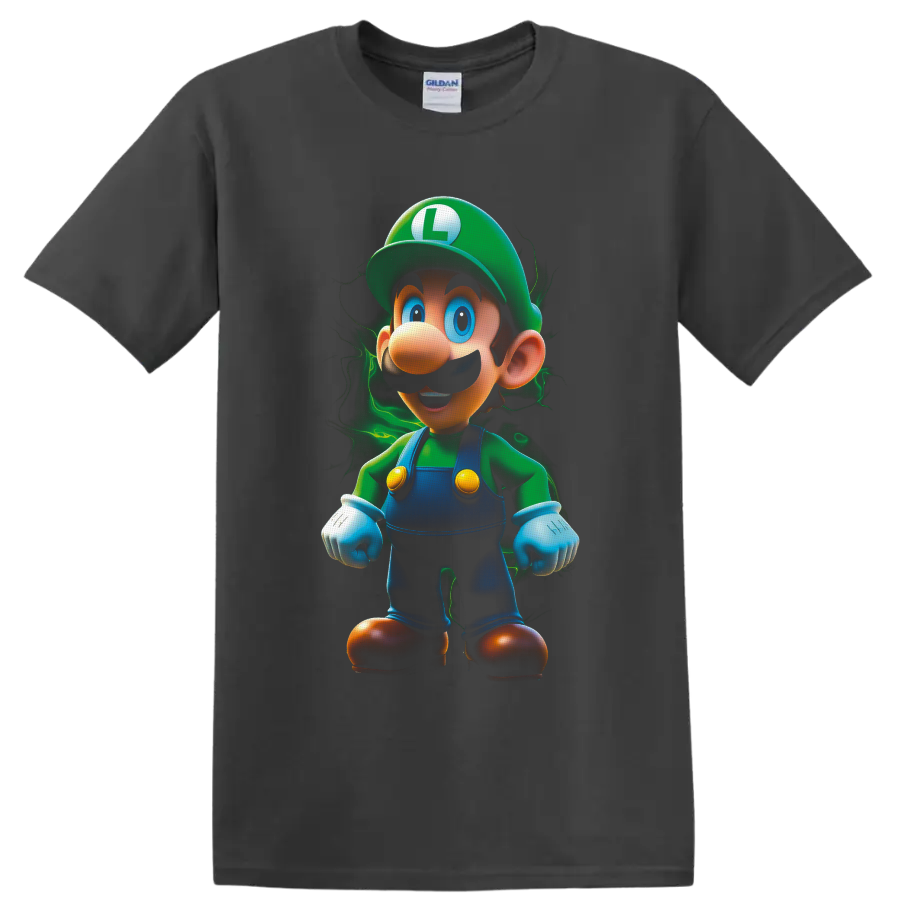 Luigi Super Mario cartoon character with a glowing green electric aura on a Charcoal T Shirt