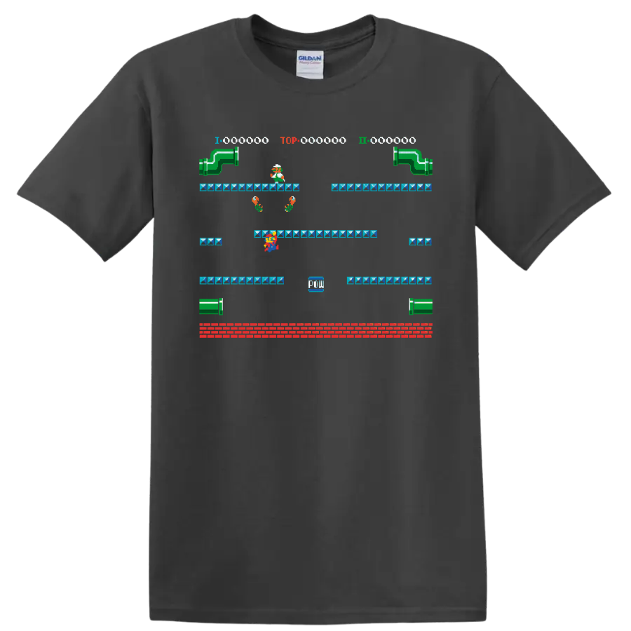 Mario Super Mario Bros. 3 pixel platform level with warp pipes and block platforms on a Charcoal T Shirt