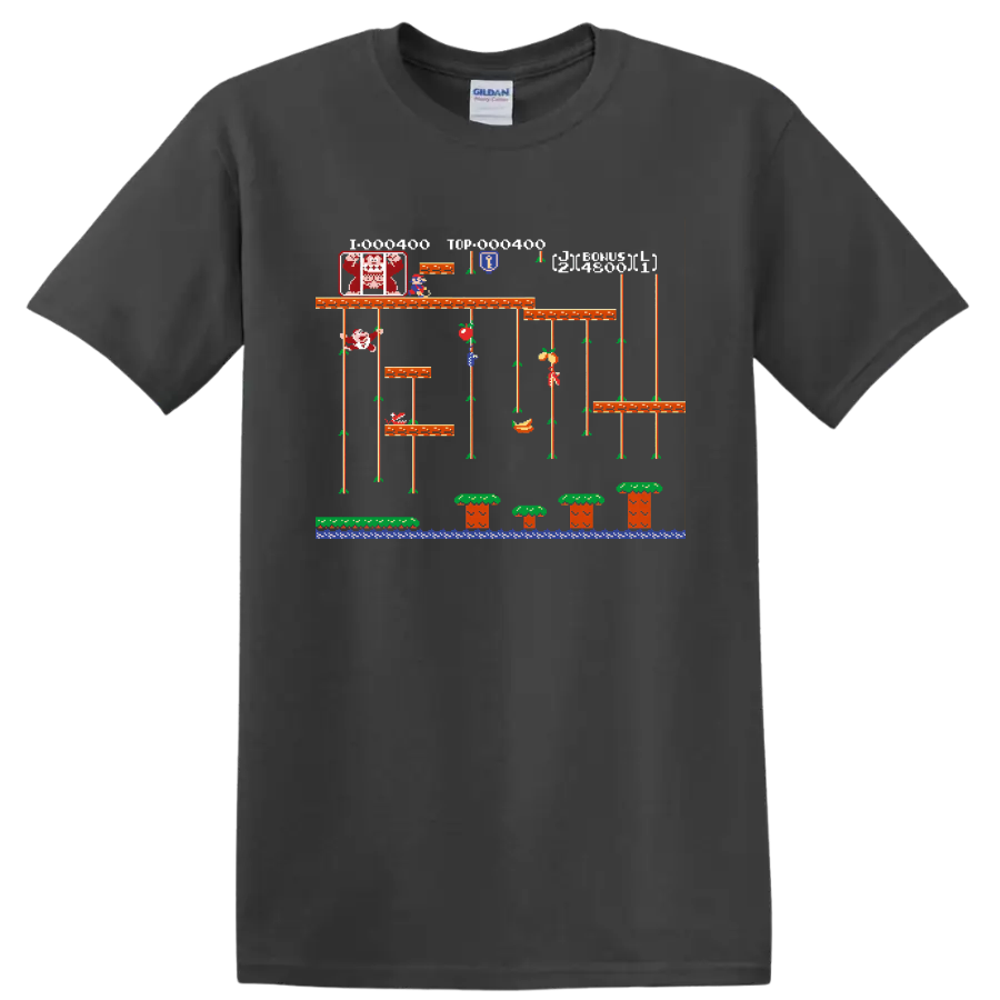 Mario Bros pixel-art platform scene with Mario, Luigi, vines, mushrooms, and water on a Charcoal T Shirt