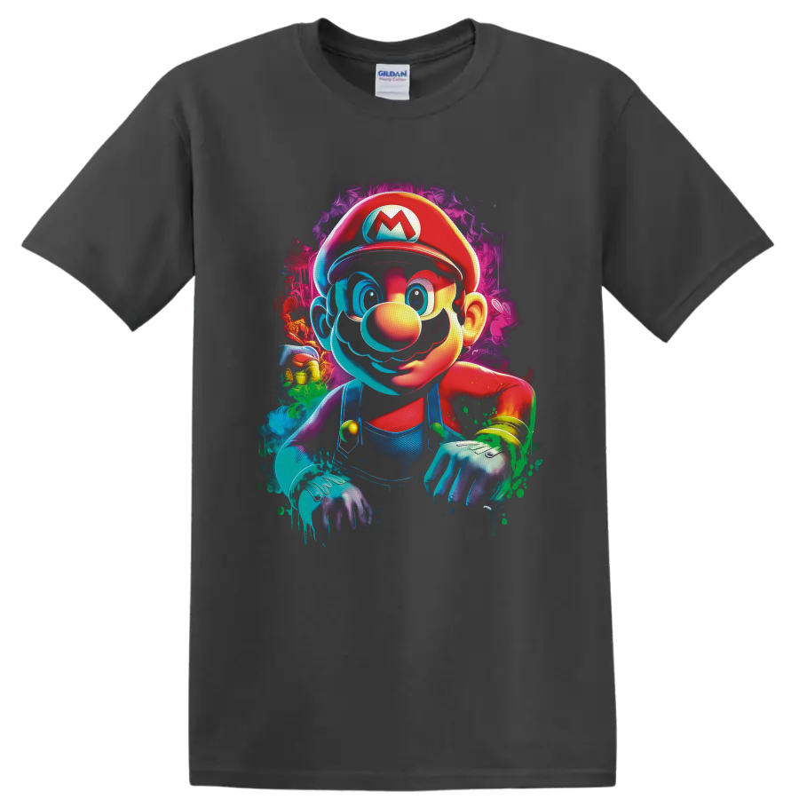 Mario Super Mario Bros neon graffiti character art with colorful paint splashes on a Charcoal T Shirt