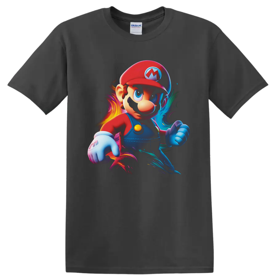 Mario Super Mario Bros action portrait with vivid neon-style color swirls on a Charcoal T Shirt