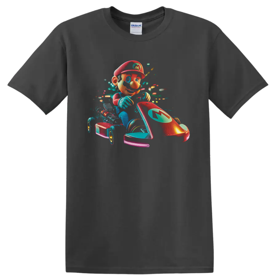 Mario racing a red go kart in vibrant neon retro arcade artwork on a Charcoal T Shirt