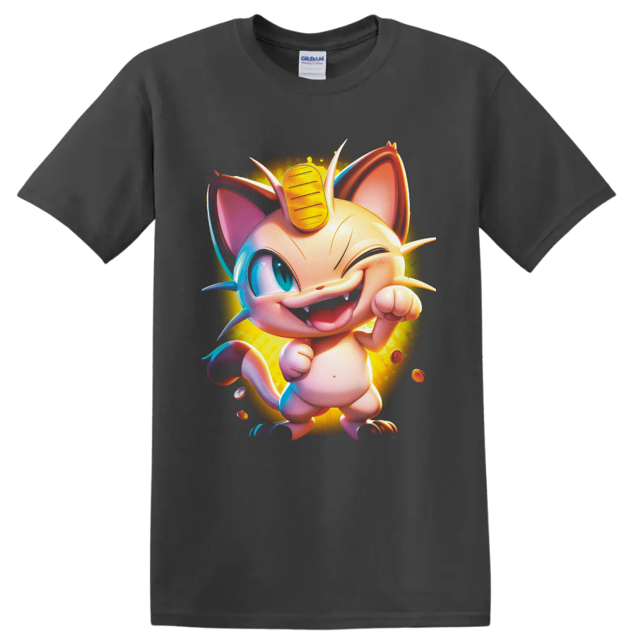 Winking Meowth with forehead coin, floating coins, and glowing cartoon artwork on a Charcoal T Shirt