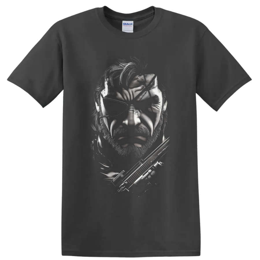 Solid Snake monochrome tactical portrait with eyepatch and rifle on a Charcoal T Shirt