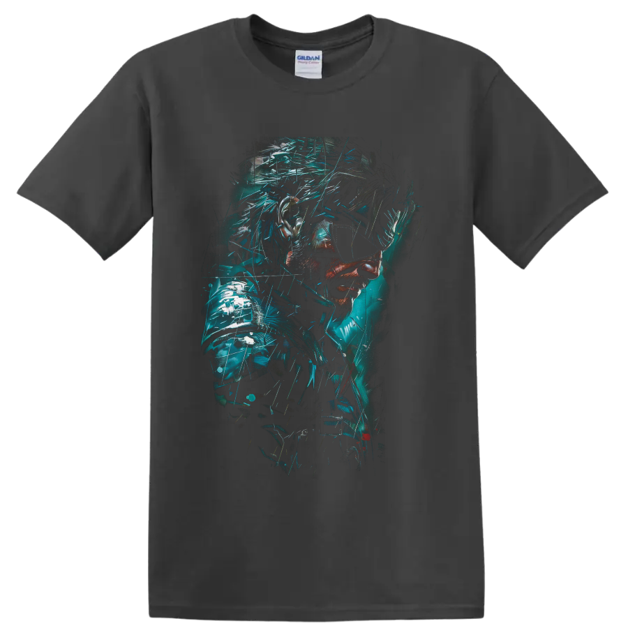 Venom Snake cyberpunk portrait with teal glitch fragments and tactical armor on a Charcoal T Shirt