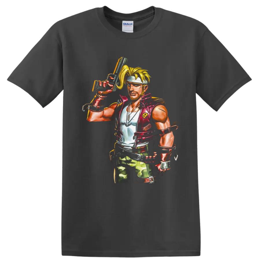 Marco Rossi retro arcade soldier illustration with headband, handgun, vest, and camo gear on a Charcoal T Shirt