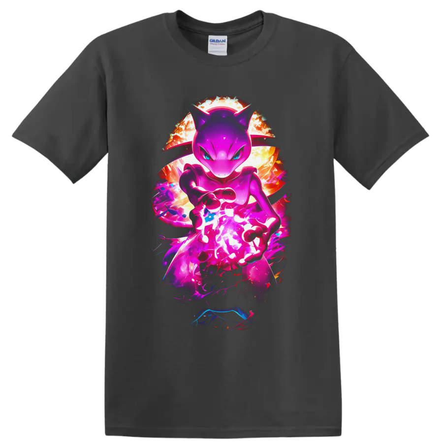 Mewtwo charging a glowing psychic energy orb in neon cosmic anime-style artwork on a Charcoal T Shirt