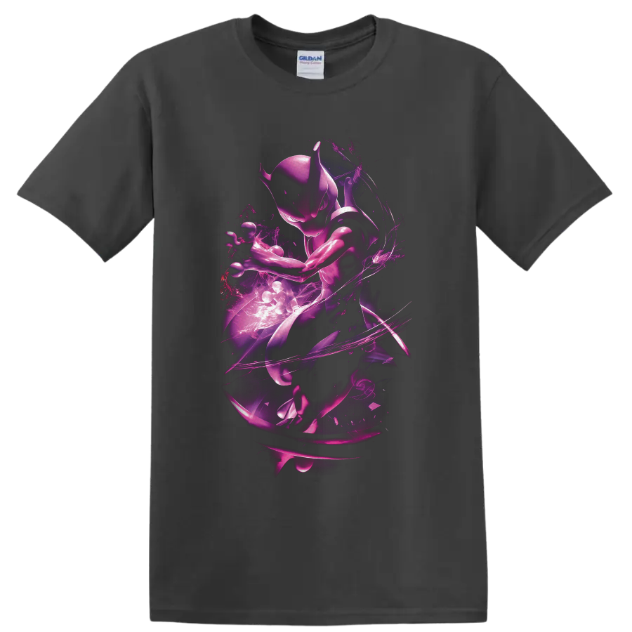 Mewtwo in a purple neon psychic energy aura with swirling light trails on a Charcoal T Shirt