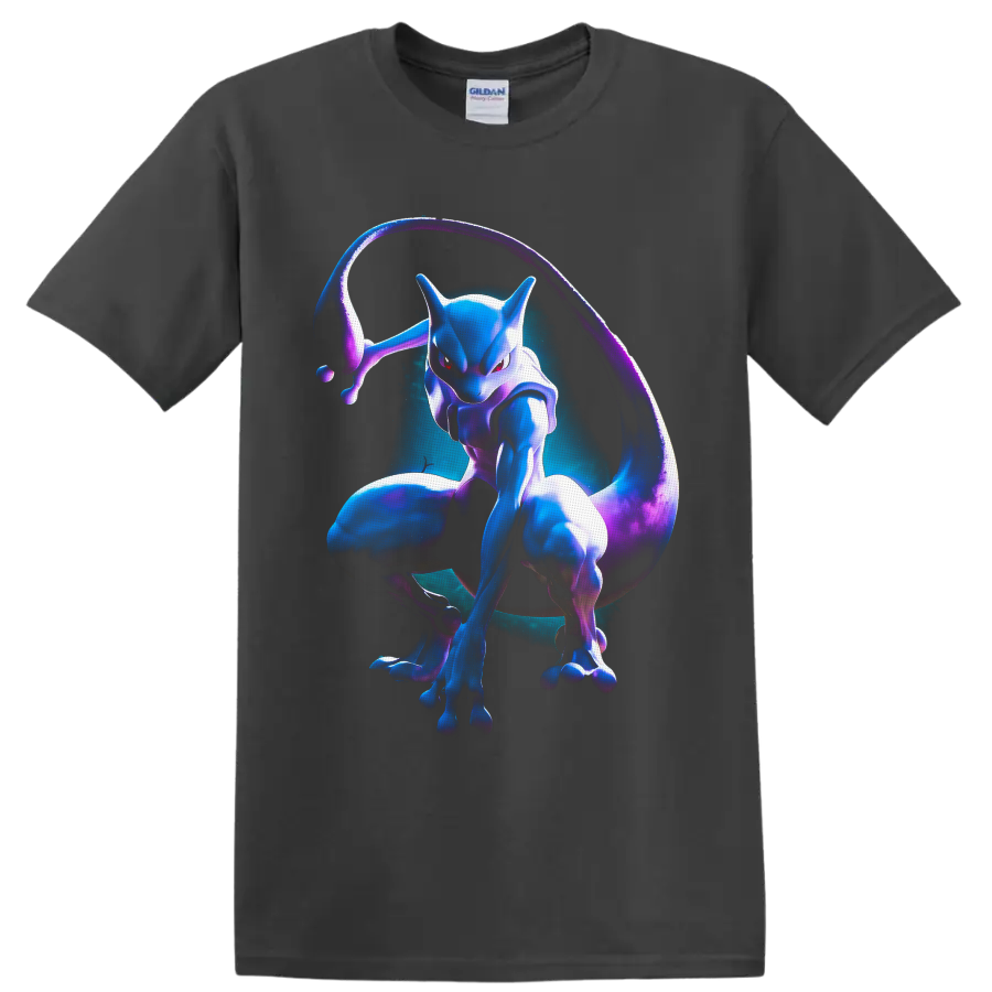 Mewtwo in neon blue and purple psychic aura character art on a Charcoal T Shirt