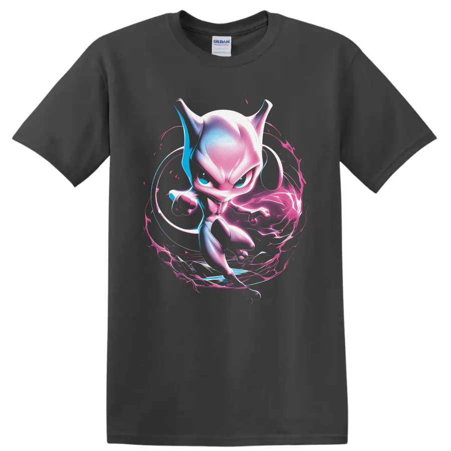 Mewtwo neon psychic energy artwork with pink, violet, and blue swirling aura on a Charcoal T Shirt