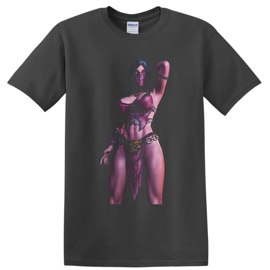 Mileena masked warrior in purple armor with glowing eyes and raised-arm pose on a Charcoal T Shirt