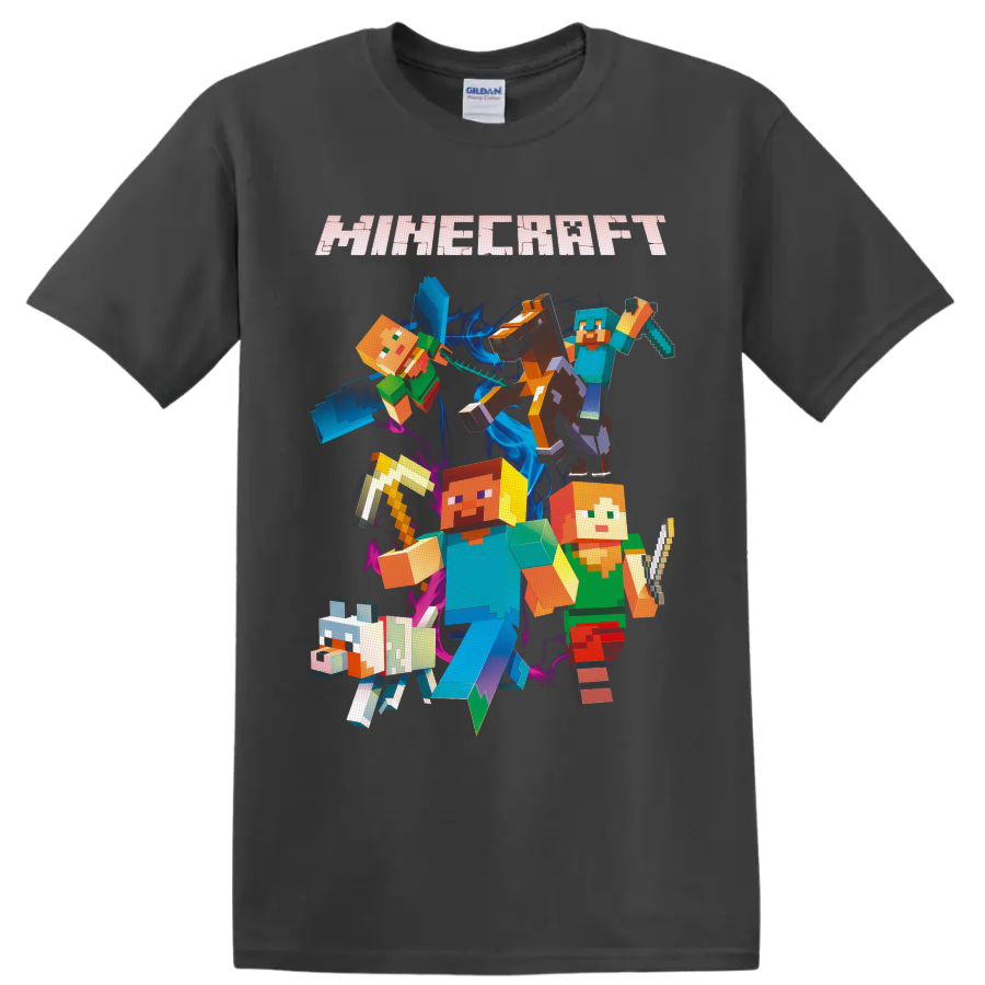 Minecraft Steve and Alex pixel art with wolf, horse, sword, pickaxe, and logo on a Charcoal T Shirt