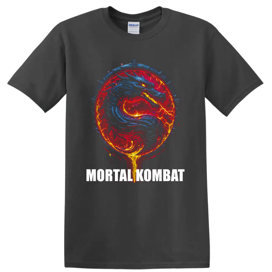 Blue dragon in a fiery red Mortal Kombat emblem with electric fantasy battle art on a Charcoal T Shirt